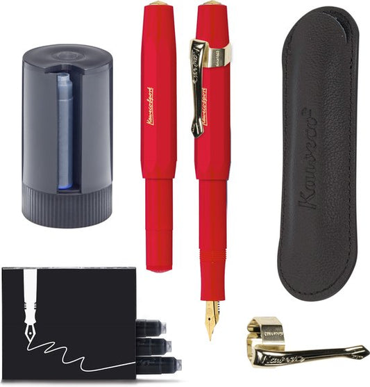 Kaweco - Cadeauset - 5delig - Vulpen Extra Breed (BB) - Sport Classic Rood - Nostalgie Oktogonal Clip Vergoldet - etui Leer Zwart - Twister patronen - Doosje vullingen