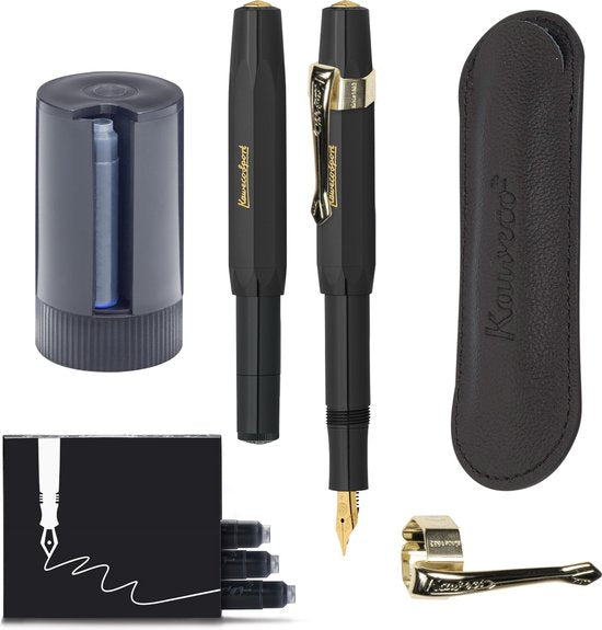 Kaweco - Cadeauset - 5delig - Vulpen Fine (F) - Sport Classic Zwart - Nostalgie Oktogonal Clip Vergoldet - etui Leer Zwart - Twister patronen - Doosje vullingen