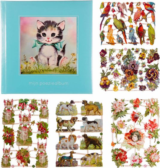 Poëziealbum - 16x16 - Lichtblauw - S7 - Poes met blauwe strik - met 5 vellen Poëzieplaatjes - Versjes - Gedicht - Cadeau - Sint - Geschenk - Knutselen - Hobby - Creatief - Scrapbook - Poezie