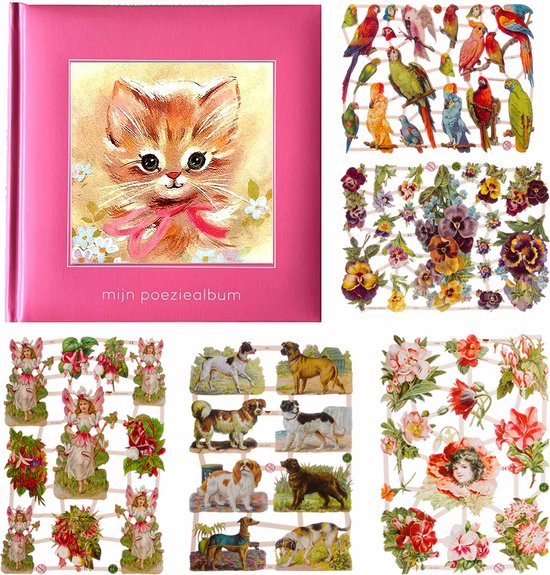 Poëziealbum - 16x16 - Roze - S7 - Poes met roze strik - met 5 vellen Poëzieplaatjes - Versjes - Gedicht - Cadeau - Sint - Geschenk - Knutselen - Hobby - Creatief - Scrapbook - Poezie