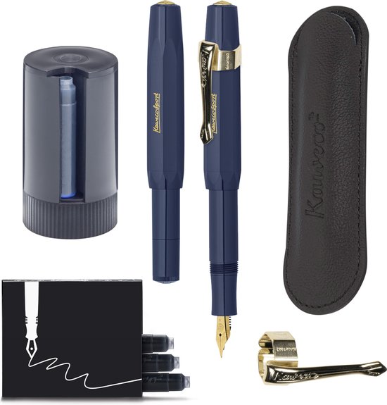 Kaweco - Cadeauset - 5delig - Vulpen Medium (M) - Sport Classic Navy - Nostalgie Oktogonal Clip Vergoldet - etui Leer Zwart - Twister patronen - Doosje vullingen