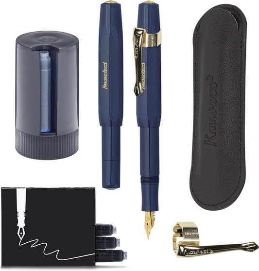 Kaweco - Cadeauset - 5delig - Vulpen Medium (M) - Sport Classic Navy - Nostalgie Oktogonal Clip Vergoldet - etui Leer Zwart - Twister patronen - Doosje vullingen
