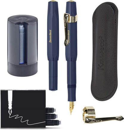 Kaweco - Cadeauset - 5delig - Vulpen Extra Fine (EF) - Sport Classic Navy - Nostalgie Oktogonal Clip Vergoldet - etui Leer Zwart - Twister patronen - Doosje vullingen