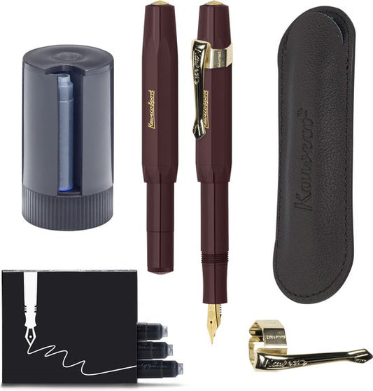Kaweco - Cadeauset - 5delig - Vulpen Breed (B) - Sport Classic Burgundy - Nostalgie Oktogonal Clip Vergoldet - etui Leer Zwart - Twister patronen - Doosje vullingen