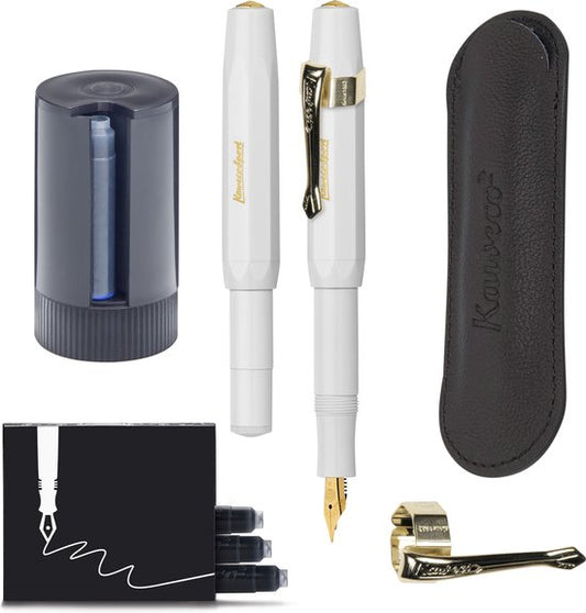 Kaweco - Cadeauset - 5delig - Vulpen Extra Fine (EF) - Sport Classic Wit - Nostalgie Oktogonal Clip Vergoldet - etui Leer Zwart - Twister patronen - Doosje vullingen