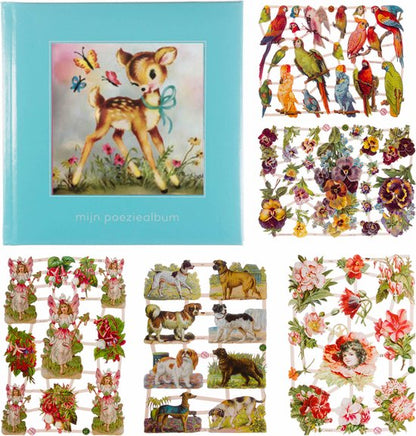 Poëziealbum - 16x16 - Lichtblauw - S7 - Poes met vlinders - met 5 vellen Poëzieplaatjes - Versjes - Gedicht - Cadeau - Sint - Geschenk - Knutselen - Hobby - Creatief - Scrapbook - Poezie