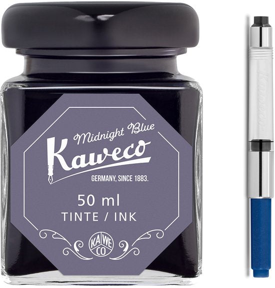 Kaweco - Ink bottle en Standaard Converter - Midnight Blue - potje vulpeninkt - Midnight Blue originele Kaweco-inkt in 50 ml glas - Converter met Midnight Blue achterkant