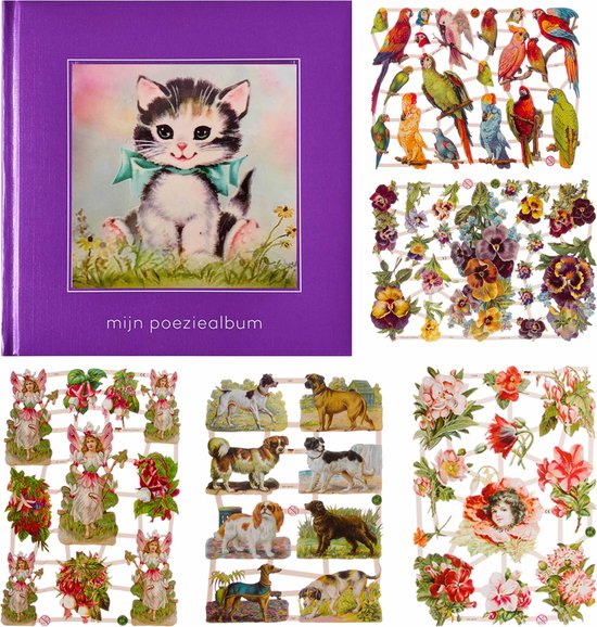 Poëziealbum - 16x16 - Paars - S7 - Poes met blauwe strik - met 5 vellen Poëzieplaatjes - Versjes - Gedicht - Cadeau - Sint - Geschenk - Knutselen - Hobby - Creatief - Scrapbook - Poezie