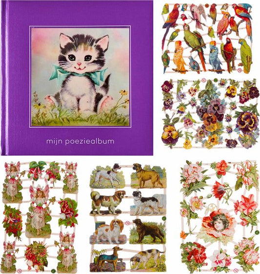 Poëziealbum - 16x16 - Paars - S7 - Poes met blauwe strik - met 5 vellen Poëzieplaatjes - Versjes - Gedicht - Cadeau - Sint - Geschenk - Knutselen - Hobby - Creatief - Scrapbook - Poezie