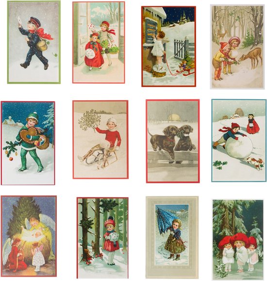 Nostalgische kerstkaarten - 12 stuks - Klassieke Vintage afbeeldingen - Winter - Sneeuw - Feestelijk - Jaarwisseling - Oude Brocante kerstkaarten