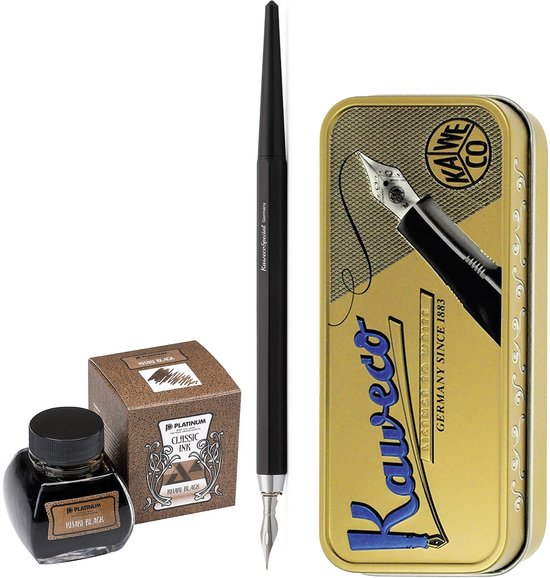 Kaweco - Fountain Pen - Special Dip Pen Black - in vintage blik - Potje Platinum Dyestuff 'Classic Ink' 60cc Khaki Black