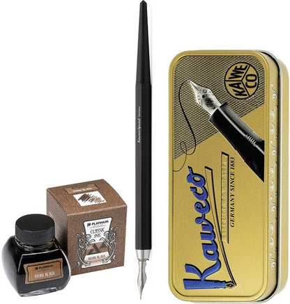 Kaweco - Fountain Pen - Special Dip Pen Black - in vintage blik - Potje Platinum Dyestuff 'Classic Ink' 60cc Khaki Black