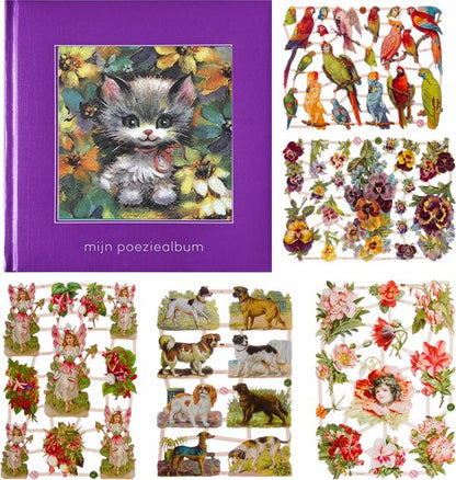 Poëziealbum - 16x16 - Paars - S7 - Poes met rode strik - met 5 vellen Poëzieplaatjes - Versjes - Gedicht - Cadeau - Sint - Geschenk - Knutselen - Hobby - Creatief - Scrapbook - Poezie