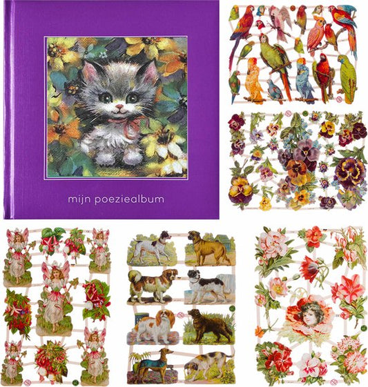 Poëziealbum - 16x16 - Paars - S7 - Poes met rode strik - met 5 vellen Poëzieplaatjes - Versjes - Gedicht - Cadeau - Sint - Geschenk - Knutselen - Hobby - Creatief - Scrapbook - Poezie