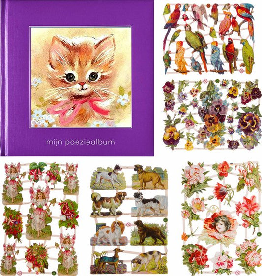 Poëziealbum - 16x16 - Paars - S7 - Poes met roze strik - met 5 vellen Poëzieplaatjes - Versjes - Gedicht - Cadeau - Sint - Geschenk - Knutselen - Hobby - Creatief - Scrapbook - Poezie