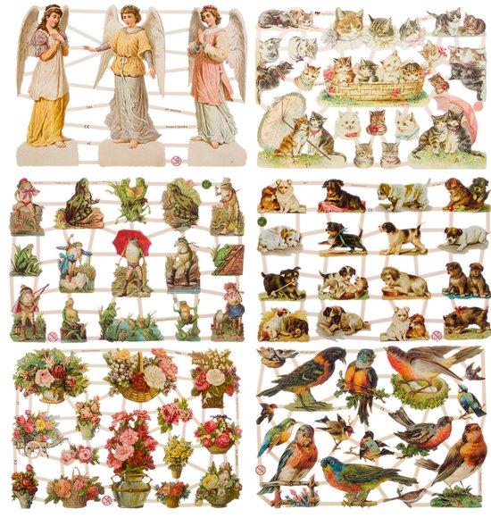 Poëzieplaatjes - 6 vellen - plaatjes - hobby - creatief - decoupage - knutselen - scrapboek met Katten - Vogels - Honden - Bloemen - Kikkers - Engelen