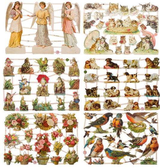 Poëzieplaatjes - 6 vellen - plaatjes - hobby - creatief - decoupage - knutselen - scrapboek met Katten - Vogels - Honden - Bloemen - Kikkers - Engelen