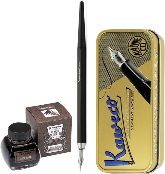 Kaweco - Fountain Pen - Special Dip Pen Black - in vintage blik - Potje Platinum Dyestuff 'Classic Ink' 60cc Sepia Black