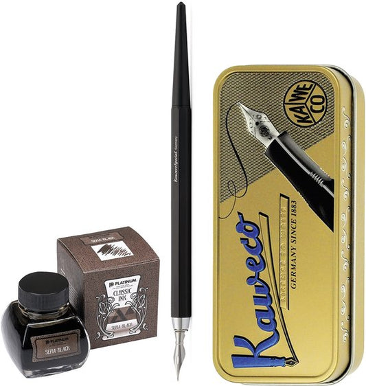 Kaweco - Fountain Pen - Special Dip Pen Black - in vintage blik - Potje Platinum Dyestuff 'Classic Ink' 60cc Sepia Black