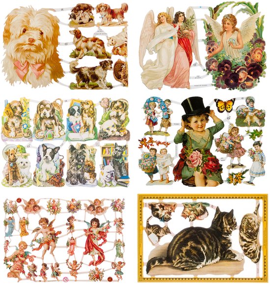 Poëzieplaatjes - 6 vellen - plaatjes - hobby - creatief - decoupage - knutselen - scrapboek - met Poezen - Engelen - Honden