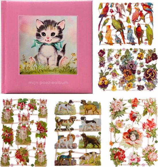 Poëziealbum - 16x16 - Lichtroze - S7 - Poes met blauwe strik - met 5 vellen Poëzieplaatjes - Versjes - Gedicht - Cadeau - Sint - Geschenk - Knutselen - Hobby - Creatief - Scrapbook - Poezie