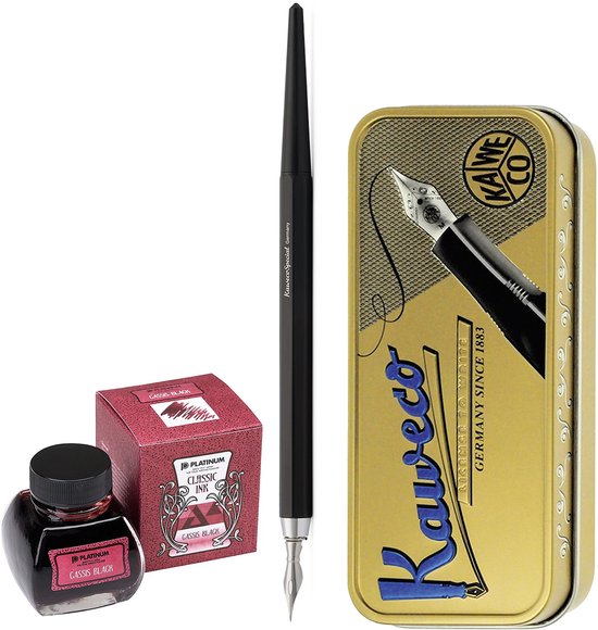 Kaweco - Fountain Pen - Special Dip Pen Black - in vintage blik - Potje Platinum Dyestuff 'Classic Ink' 60cc Cassis Black