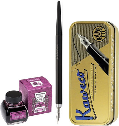 Kaweco - Fountain Pen - Special Dip Pen Black - in vintage blik - Potje Platinum Dyestuff 'Classic Ink' 60cc Lavender Black