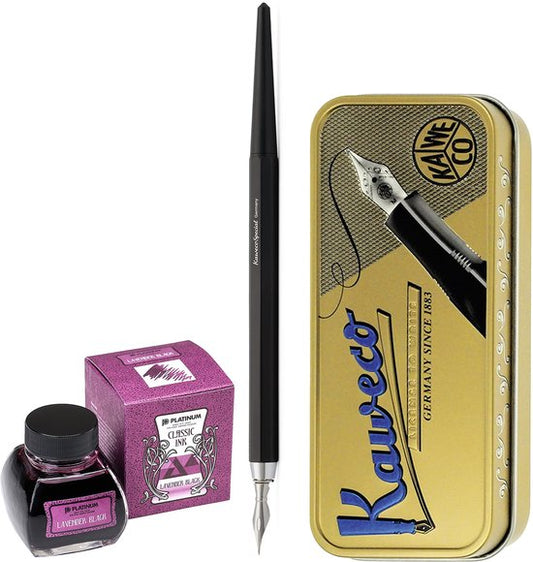 Kaweco - Fountain Pen - Special Dip Pen Black - in vintage blik - Potje Platinum Dyestuff 'Classic Ink' 60cc Lavender Black