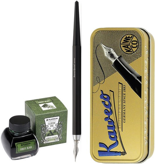 Kaweco - Fountain Pen - Special Dip Pen Black - in vintage blik - Potje Platinum Dyestuff 'Classic Ink' 60cc Forest Black