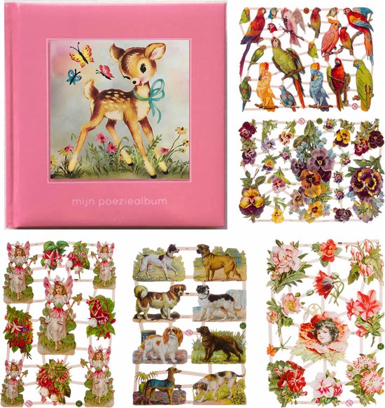 Poëziealbum - 16x16 - Lichtroze - S7 - Hertje met vlinders - met 5 vellen Poëzieplaatjes - Versjes - Gedicht - Cadeau - Sint - Geschenk - Knutselen - Hobby - Creatief - Scrapbook - Poezie