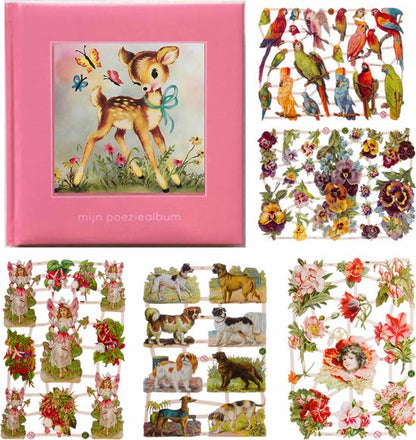 Poëziealbum - 16x16 - Lichtroze - S7 - Hertje met vlinders - met 5 vellen Poëzieplaatjes - Versjes - Gedicht - Cadeau - Sint - Geschenk - Knutselen - Hobby - Creatief - Scrapbook - Poezie