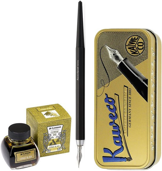 Kaweco - Fountain Pen - Special Dip Pen Black - in vintage blik - Potje Platinum Dyestuff 'Classic Ink' 60cc Citrus Black