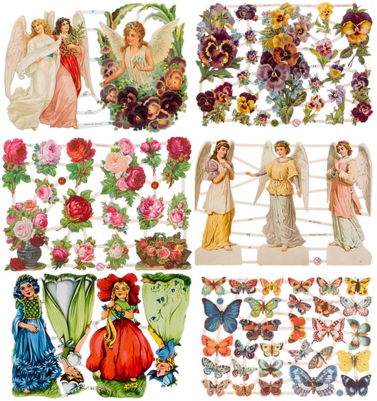 Poëzieplaatjes - 6 vellen - plaatjes - hobby - creatief - decoupage - knutselen - scrapboek - met ENGELEN - ROZEN - VIOOLTJES - VLINDERS- BLOEMEN