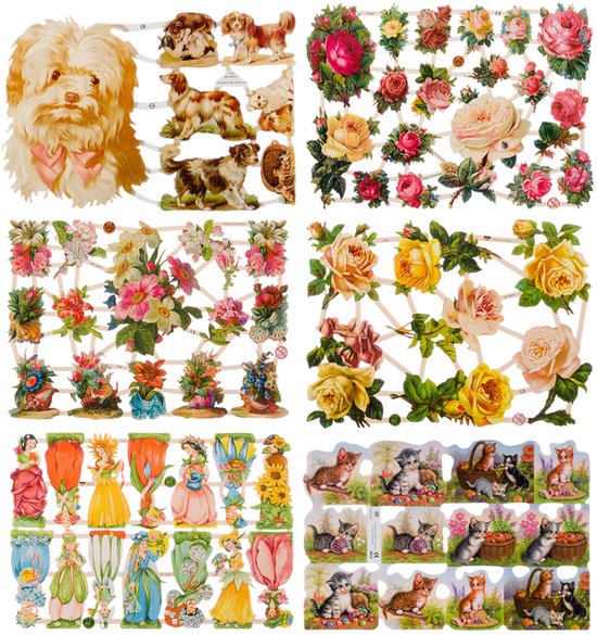 Poëzieplaatjes - 6 vellen - plaatjes - hobby - creatief - decoupage - knutselen - scrapboek - met HONDEN - BLOEMEN - POEZEN