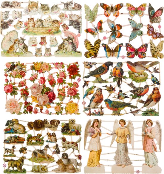 Poëzieplaatjes - Serie 1Y - 6 vellen - plaatjes - hobby - creatief - decoupage - knutselen - scrapboek - met POEZEN - VLINDERS - BLOEMEN - VOGELS - HONDEN - ENGELEN