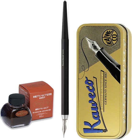Kaweco - Fountain Pen - Special Dip Pen Black - in vintage blik - Potje Platinum Pigment ink 60cc Bruin Sepia