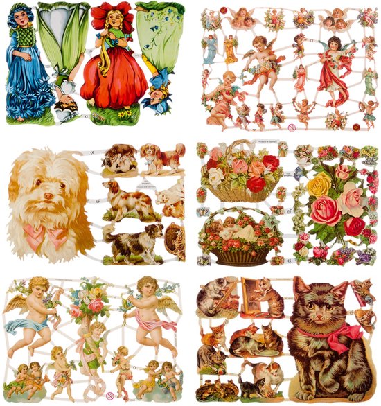 Poëzieplaatjes - 6 vellen - plaatjes - hobby - creatief - decoupage - knutselen - scrapboek - met Poezen - Engelen - Honden - Rozen - Bloemenmeisjes