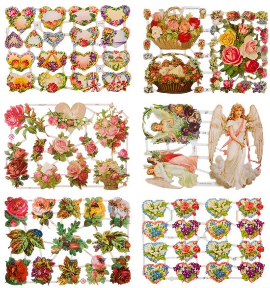 Poëzieplaatjes - 6 vellen - plaatjes - hobby - creatief - decoupage - knutselen - scrapboek - met BLOEMEN - HARTJES - ENGELEN