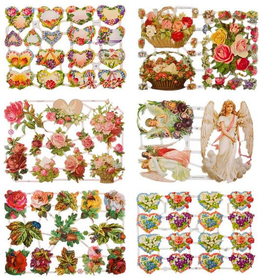 Poëzieplaatjes - 6 vellen - plaatjes - hobby - creatief - decoupage - knutselen - scrapboek - met BLOEMEN - HARTJES - ENGELEN