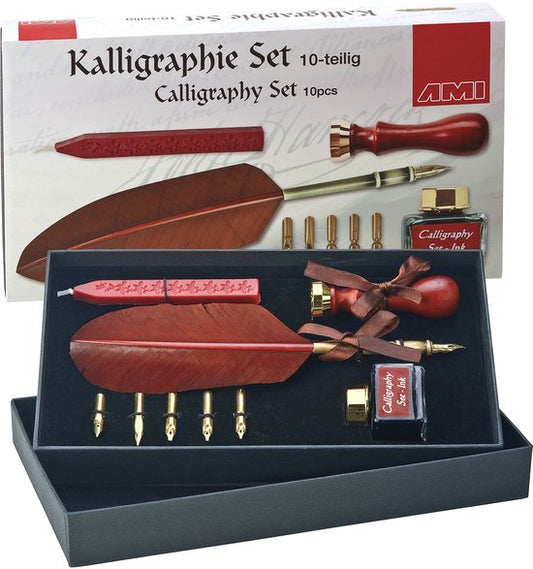 Kalligrafie set 10 -stuk. Handletteringset met veer, kalligrafie, compleet met potje inkt, was en stempel