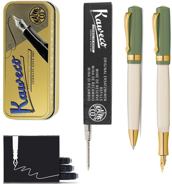 Kaweco - set - Vulpen en Balpen - Student 60's Swing - Groen in vintage blikje - doosje G2 Zwarte balpenvulling - doosje vulpeninkt