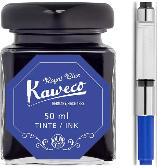 Kaweco - Ink bottle en Standaard Converter - Royal Blue - potje vulpeninkt - Blauwe originele Kaweco-inkt in 50 ml glas - Converter met blauwe achterkant