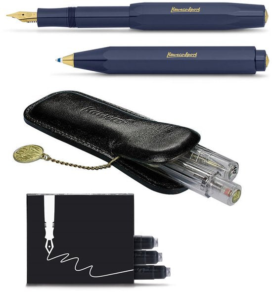 Kaweco - Cadeau - pennenset - (4delig) - Etui - Vulpen Extra Fine - Balpen - Navy - doosje inktpatronen