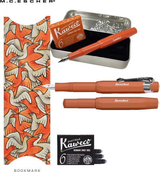 Kaweco Cadeauset (6 delig) Blikje, Vulpen Fox M, Clip, Boekenlegger Escher, 2 doosjes vullingen