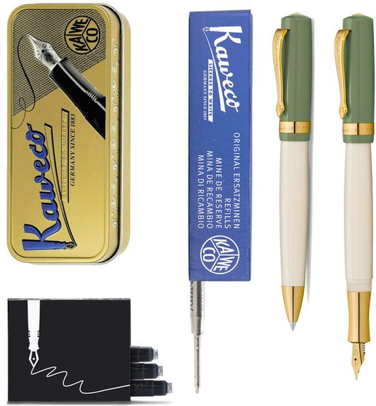 Kaweco - set - Vulpen en Balpen - Student 60's Swing - Groen in vintage blikje - doosje G2 Blauwe balpenvulling - doosje vulpeninkt