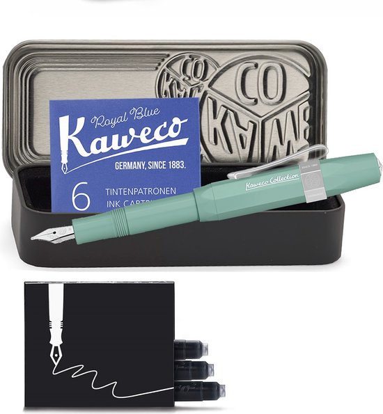 Kaweco - Cadeauset - 4delig - Kaweco Vulpen COLLECTION Sport fountain pen - Smooth Sage - Extra Fine - Extra Fine - Nostalgic Octagonal Clip Chrome - Zwart Vintage blikje - Doosje Royal Blue - Doosje zwarte Vullingen