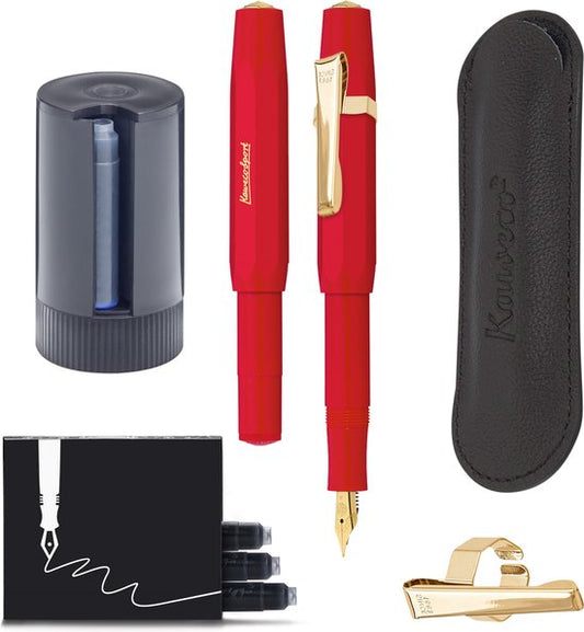 Kaweco - Cadeauset - 5delig - Vulpen Breed (B) - Sport Classic Rood - 8 Shape Clip Gold - etui Leer Zwart - Twister patronen - Doosje vullingen