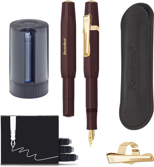 Kaweco - Cadeauset - 5delig - Vulpen Extra Breed (BB) - Sport Classic Burgundy - 8 Shape Clip Gold - etui Leer Zwart - Twister patronen - Doosje vullingen
