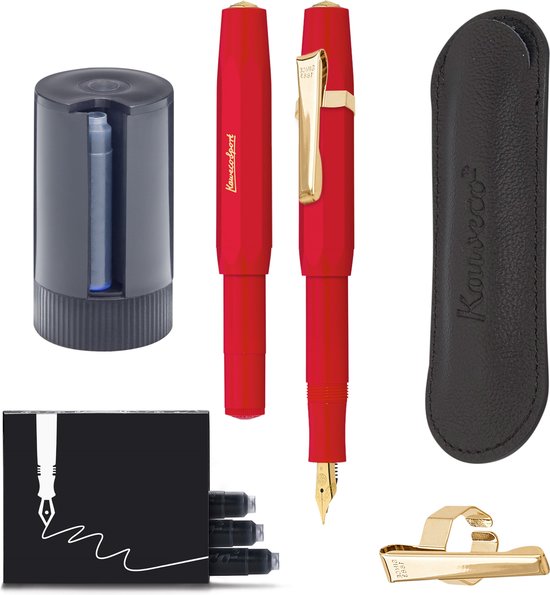 Kaweco - Cadeauset - 5delig - Vulpen Extra Fine (EF) - Sport Classic Rood - 8 Shape Clip Gold - etui Leer Zwart - Twister patronen - Doosje vullingen