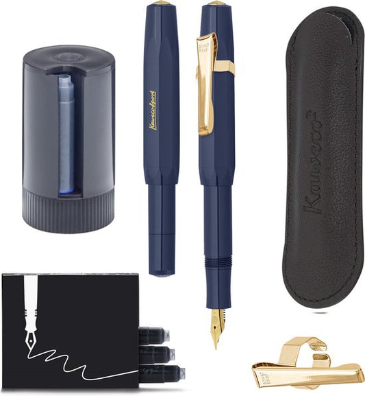 Kaweco - Cadeauset - 5delig - Vulpen Breed (B) - Sport Classic Navy - 8 Shape Clip Gold - etui Leer Zwart - Twister patronen - Doosje vullingen